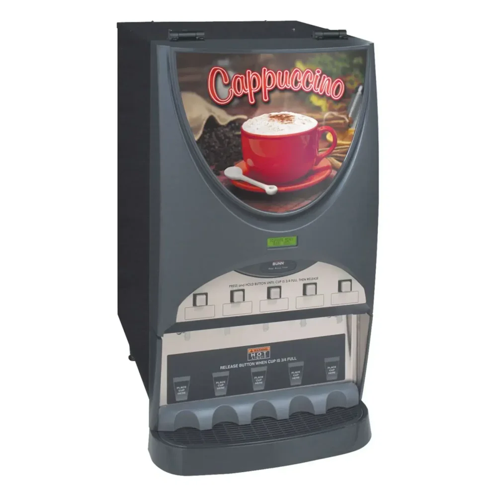 Bunn iMIX-5S Hot Drink Dispenser, 8 lb Hoppers, 4.5 gal/hr, Cappuccino Display, Silver Finish