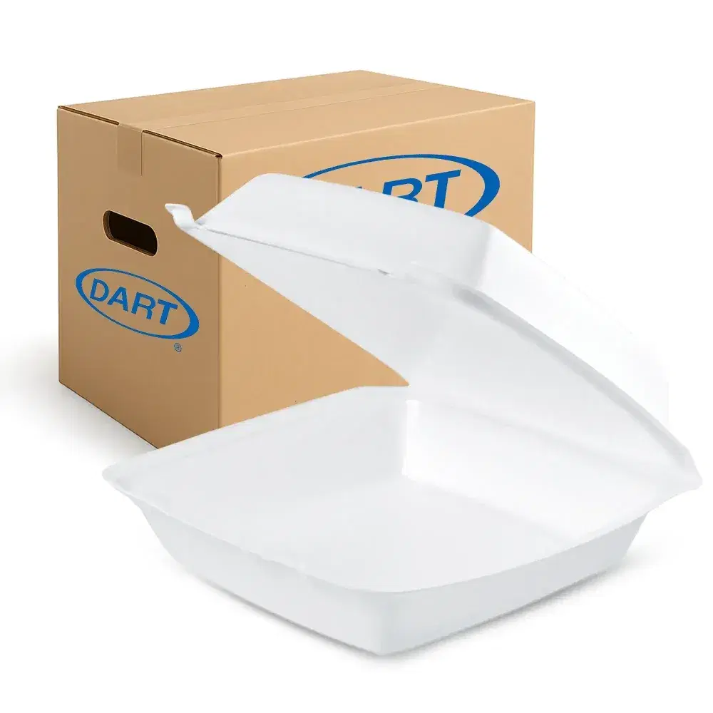 Dart 85HT1R Foam Take Out Container with Hinged Lid, Square, Medium, 8.37" x 7.87" x 3.25", White, 200/Case