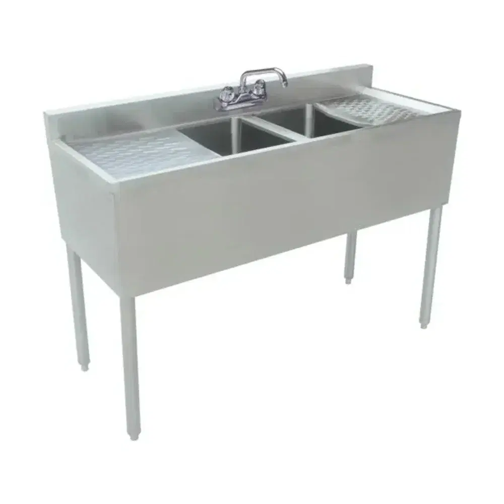 Prepline 48" 2 Bowl Underbar Hand Sink with Faucet, 14" x 10" Bowl, Stainless Steel and Two Drainboards