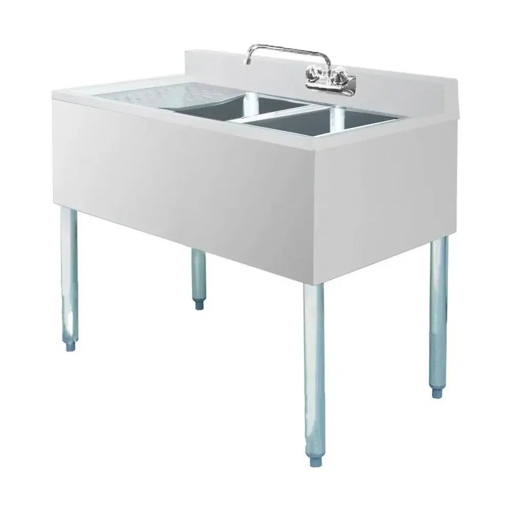 Prepline 36" 2 Bowl Underbar Hand Sink with Faucet, 14" x 10" Bowl, Stainless Steel and Left Drainboard