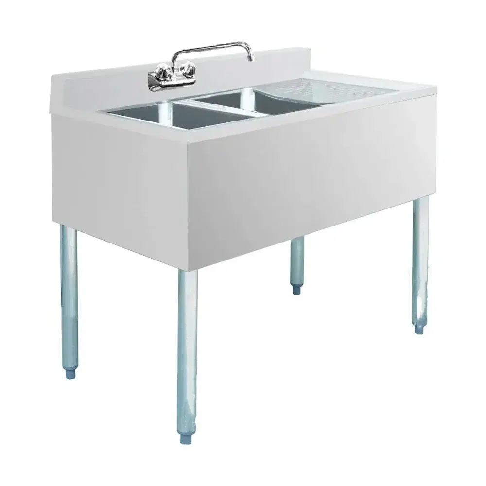 Prepline 36" 2 Bowl Underbar Hand Sink with Faucet, 14" x 10" Bowl, Stainless Steel and Right Drainboard