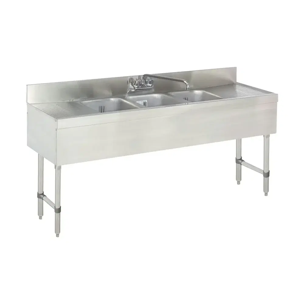 Prepline 60" 3-Bowl Underbar Hand Sink with Faucet and Two Drainboards, 14" x 10" Bowls