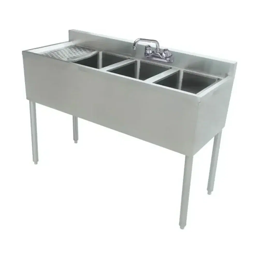 Prepline 48" 3 Bowl Underbar Hand Sink with Faucet and Left Drainboard, 14" x 10" Bowl, Stainless Steel