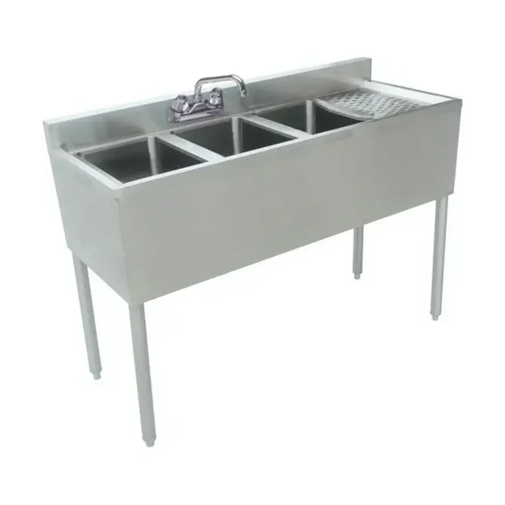 Prepline 48" 3 Bowl Underbar Hand Sink with Faucet and Right Drainboard, 14" x 10" Bowl, Stainless Steel