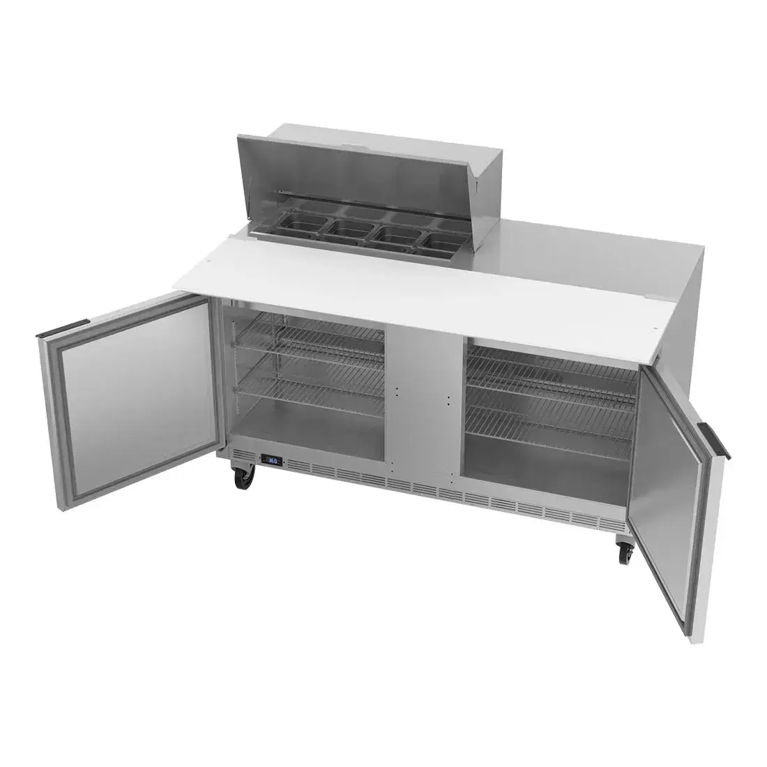 Beverage-Air two-door cutting-top refrigerated prep table with deep board for versatile sandwich assembly and efficient prep work.
