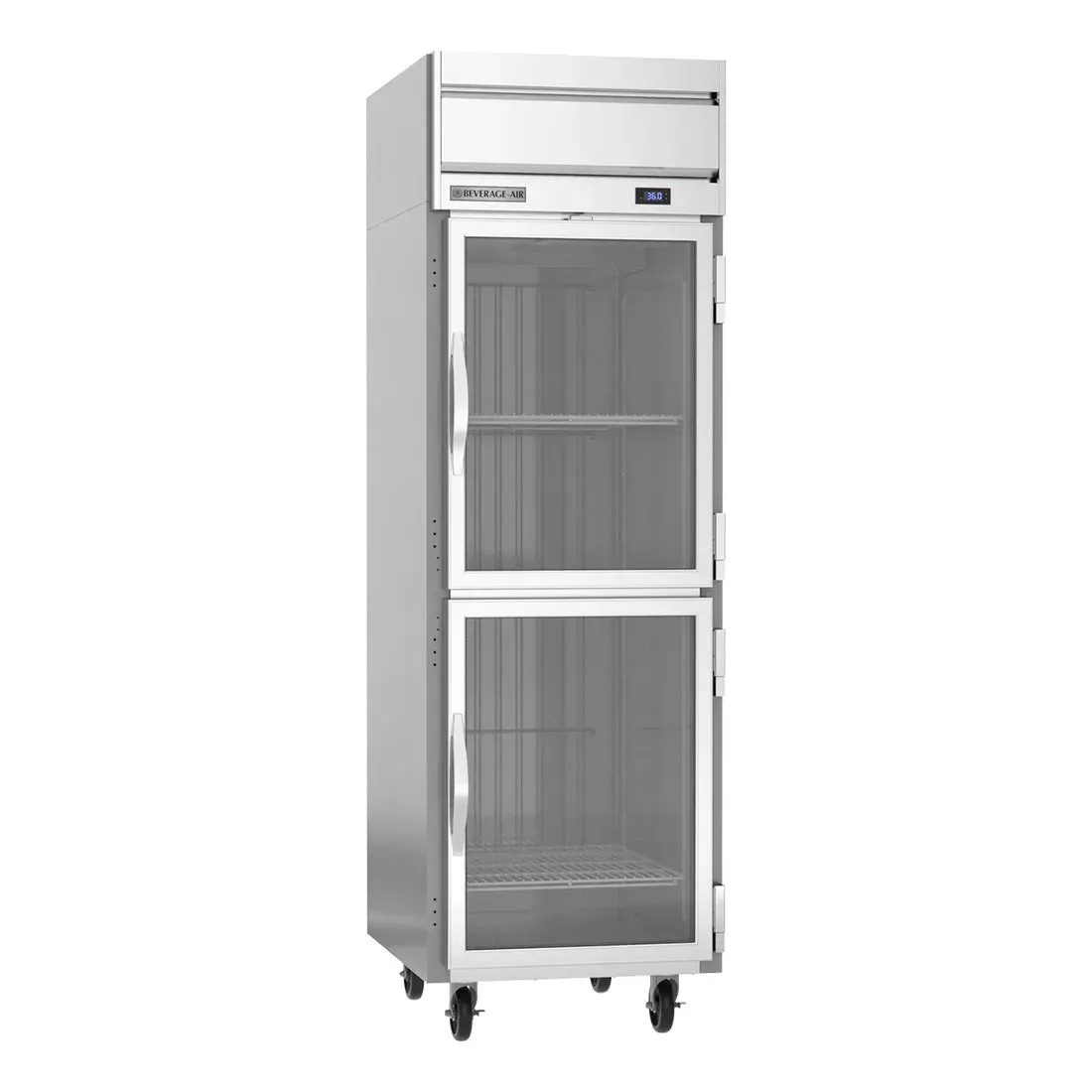 Beverage-Air compact half-glass reach-in refrigerator with top-mounted compressor displaying fresh herbs through crystal panes in small kitchens.