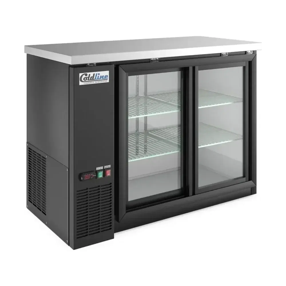 Coldline 48" Back Bar Cooler, Black, 2 Sliding Glass Doors, Narrow Depth, 1 Year Warranty