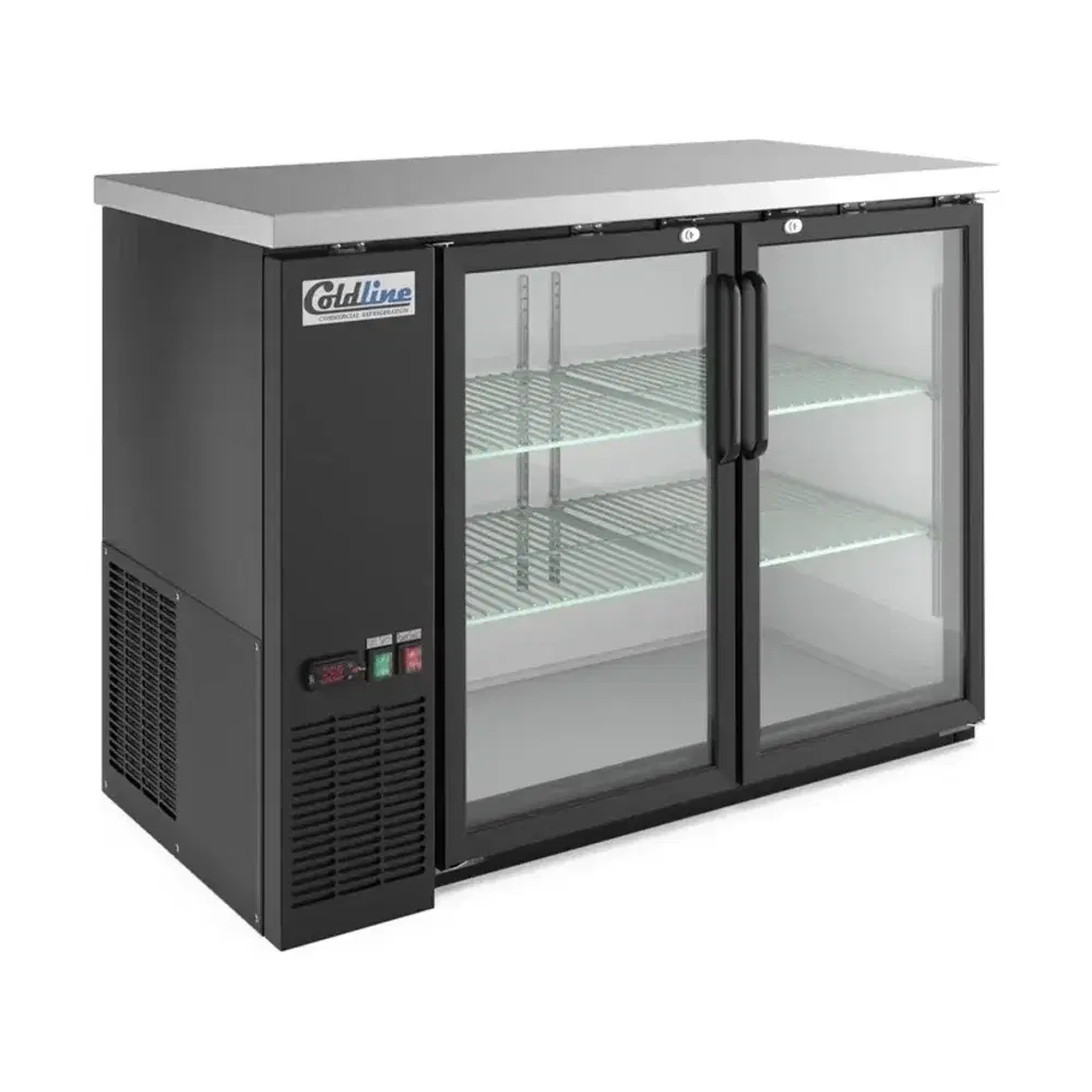 Coldline 48" Back Bar Cooler, Black, 2 Swing Glass Doors, Narrow Depth, 1 Year Warranty