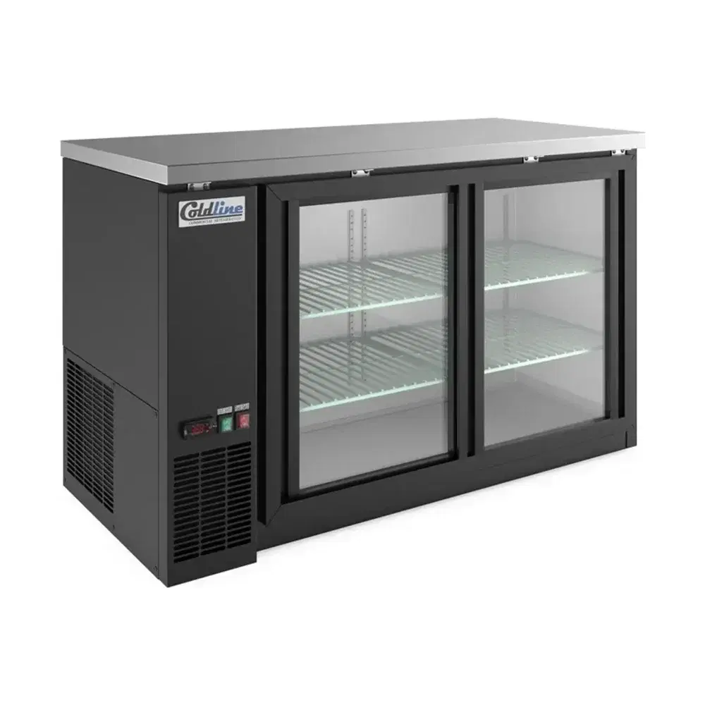 Coldline 60" Back Bar Cooler, Black, 2 Swing Glass Doors, Narrow Depth, 1 Year Warranty