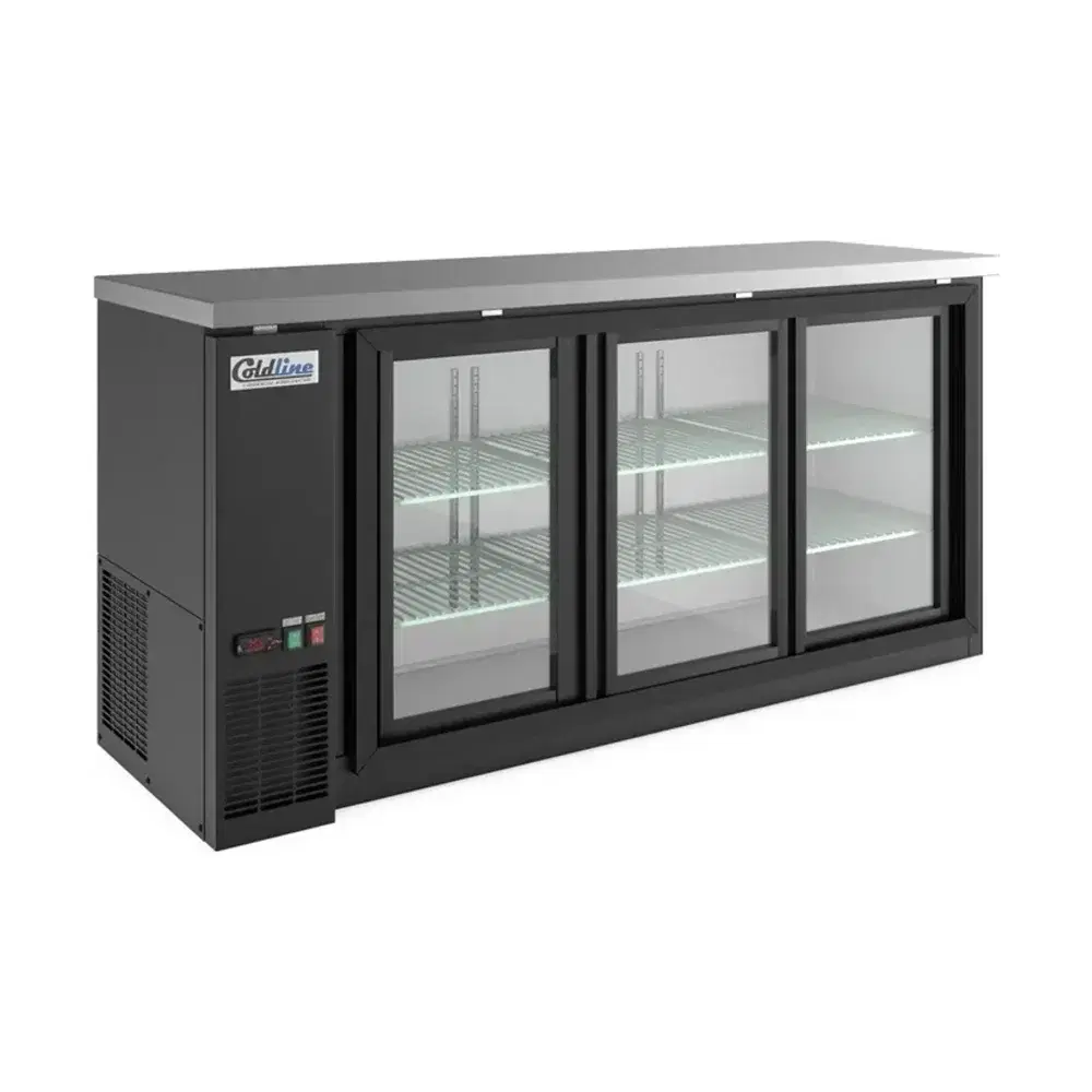 Coldline 72" Back Bar Cooler, Black, 3 Sliding Glass Doors, Narrow Depth, 1 Year Warranty