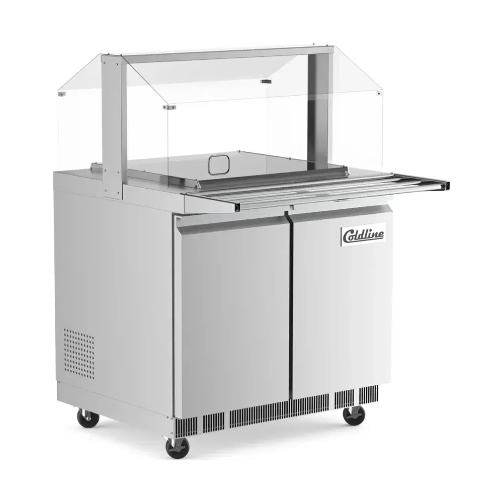 Coldline 36" Refrigerated Salad Bar / Cold Food Table with Sneeze Guard, Stainless Steel, Tray Slide and Pan Cover, 1 Year Warranty