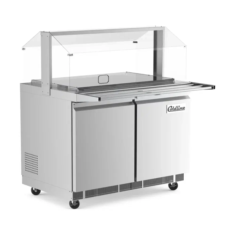 Coldline 48" Refrigerated Salad Bar / Cold Food Table with Sneeze Guard, Stainless Steel, Tray Slide and Pan Cover, 1 Year Warranty