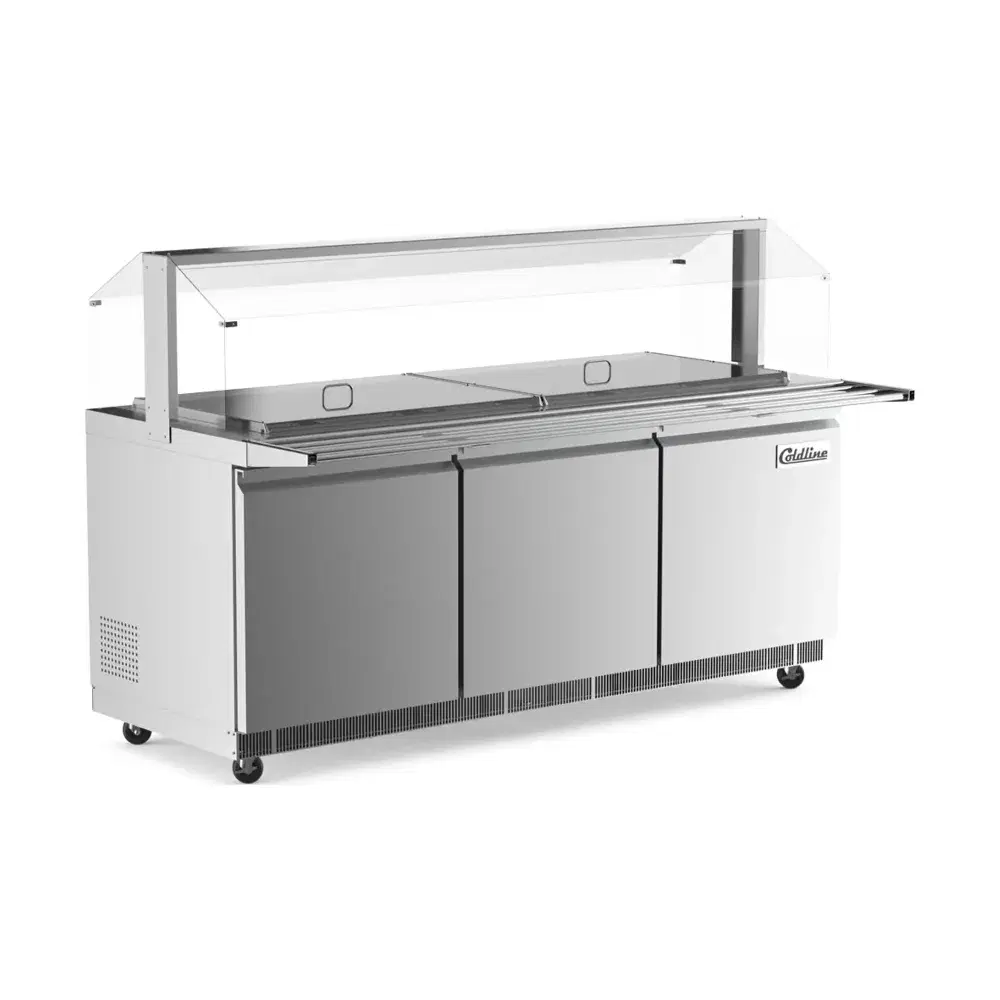 Coldline 72" Refrigerated Salad Bar / Cold Food Table with Sneeze Guard, Stainless Steel, Tray Slide and Pan Cover, 1 Year Warranty