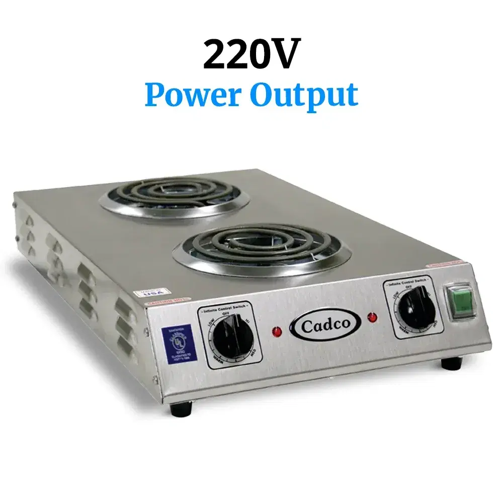 Cadco CDR-2TFB Double Burner Portable Electric Front-to-Back Hot Plate with Tubular Element, Stainless Steel - 3,000W, 220V