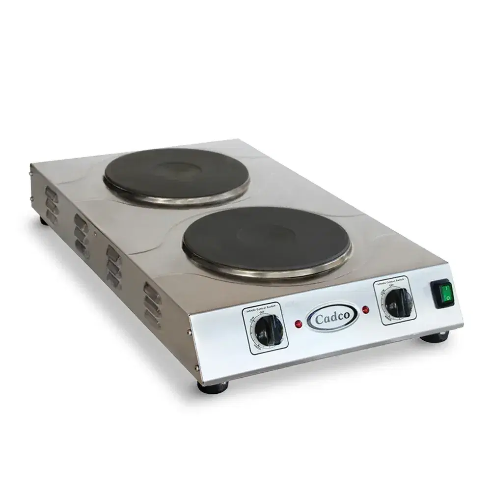 Cadco CDR-3K Double Burner Portable Electric Front-to-Back Hot Plate with Cast Iron Element, Stainless Steel - 3,000W, 220V