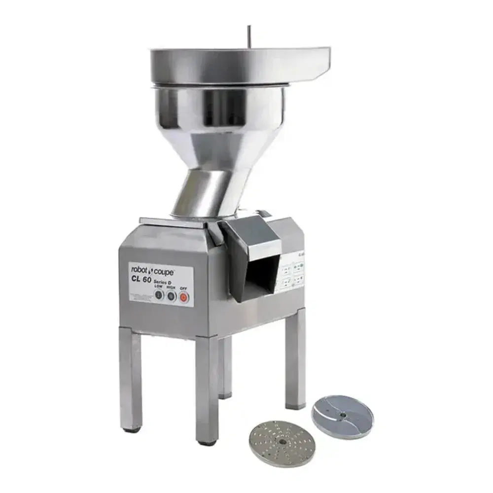 Robot Coupe heavy duty food processor with two discs slices and shreds vegetables and cheese, giving busy restaurant kitchens flexible reliable prep.