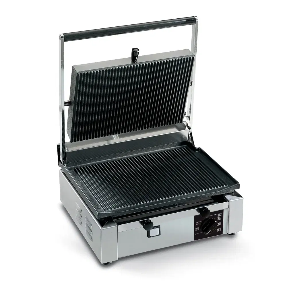 PrepMaster Series Commercial Electric Panini Grill With Ribbed Top and Flat Bottom Plates, 14 x 10" Cooking Surface, 1800W, 110V