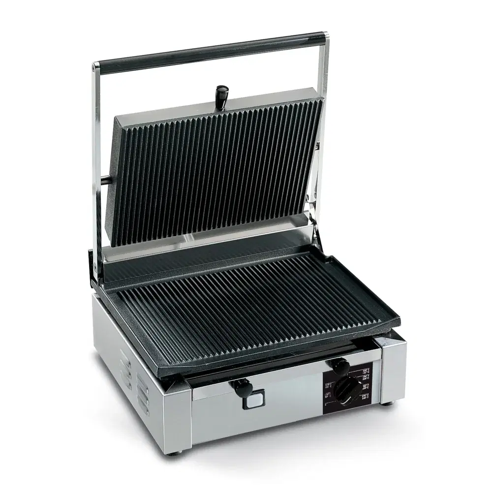 PrepMaster Series Commercial Electric Panini Grill With Ribbed Top and Bottom Plates, 14 x 10" Cooking Surface, 1800W, 110V