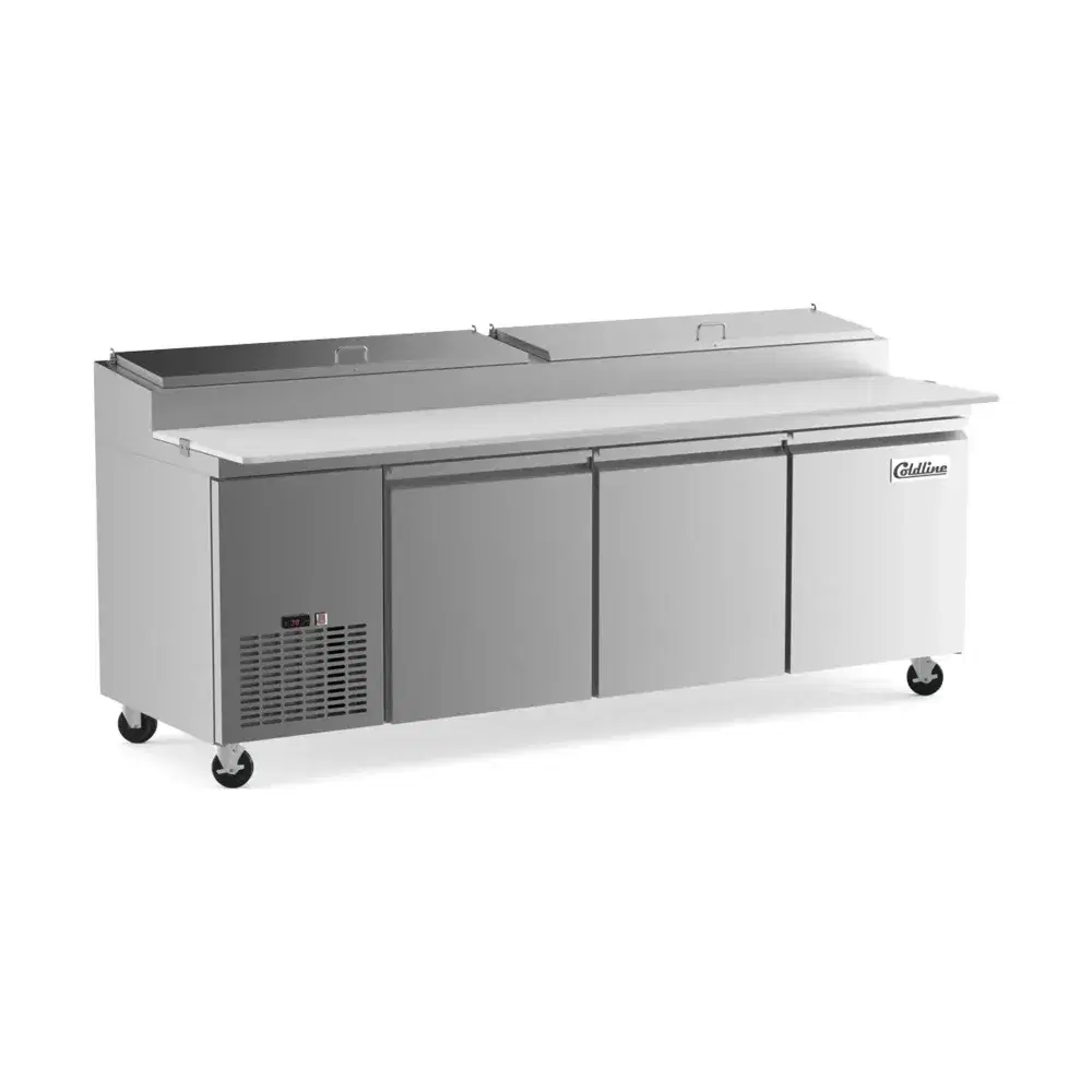 Coldline 92" Pizza Prep Table, Stainless Steel, Holds 12 Pans, 3 Door, 1 Year Warranty