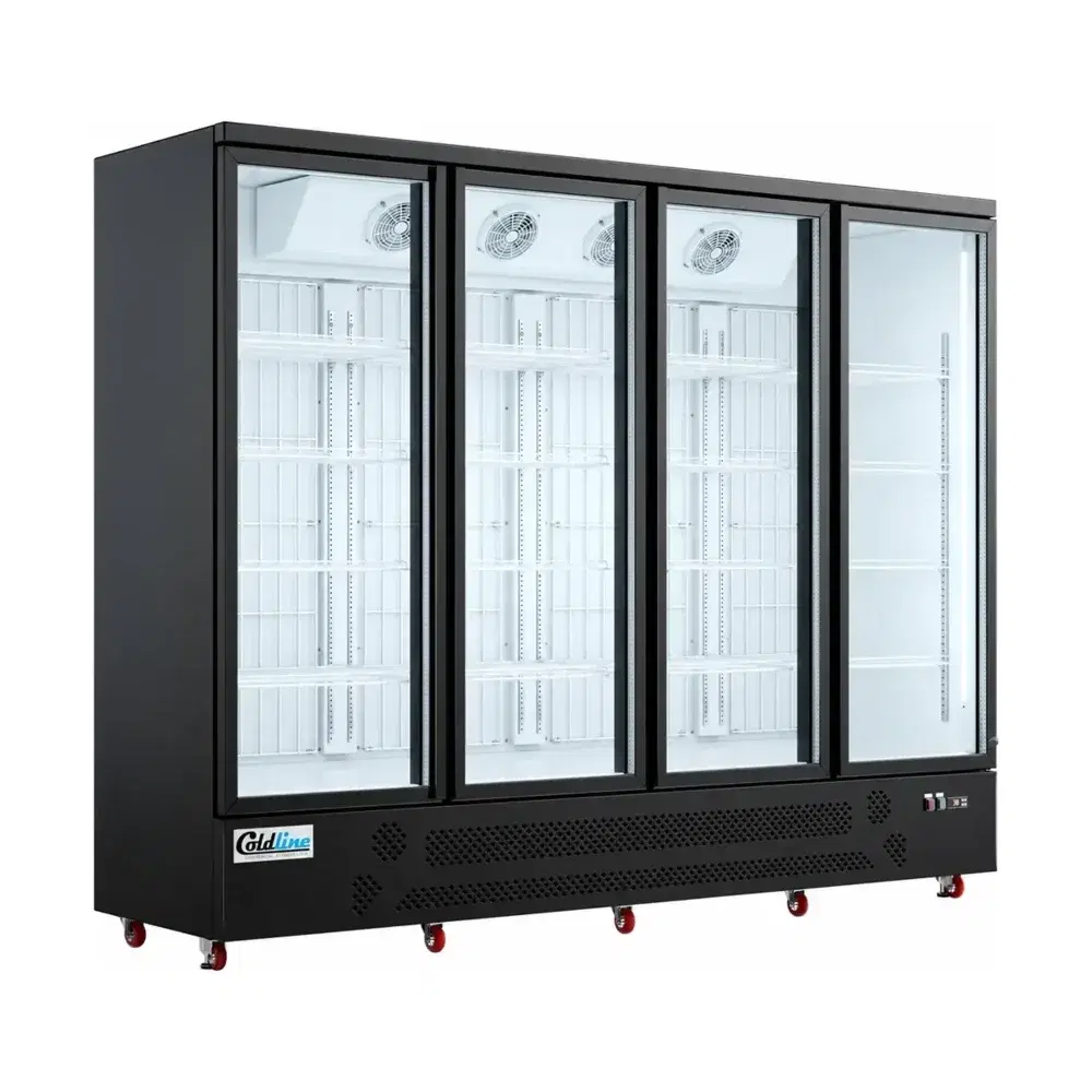 Coldline 98" Reach-In Merchandiser Freezer, Black, 4 Glass Swing Doors, 1 Year Warranty