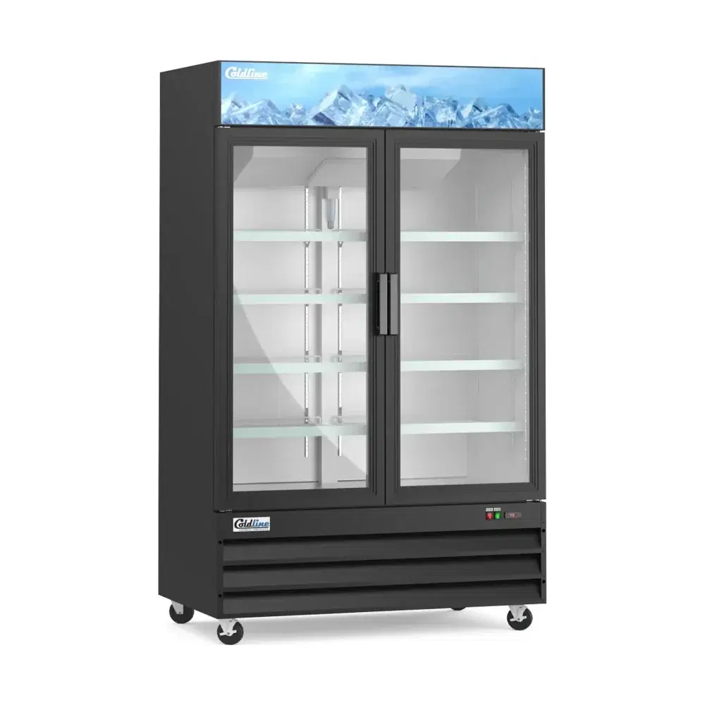 Coldline 53" Reach-In Merchandiser Freezer, Black, 2 Glass Swing Doors, 1 Year Warranty