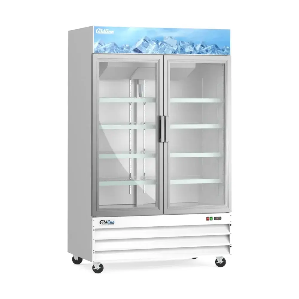 Coldline 53" Reach-In Merchandiser Freezer, White, 2 Glass Swing Doors, 1 Year Warranty