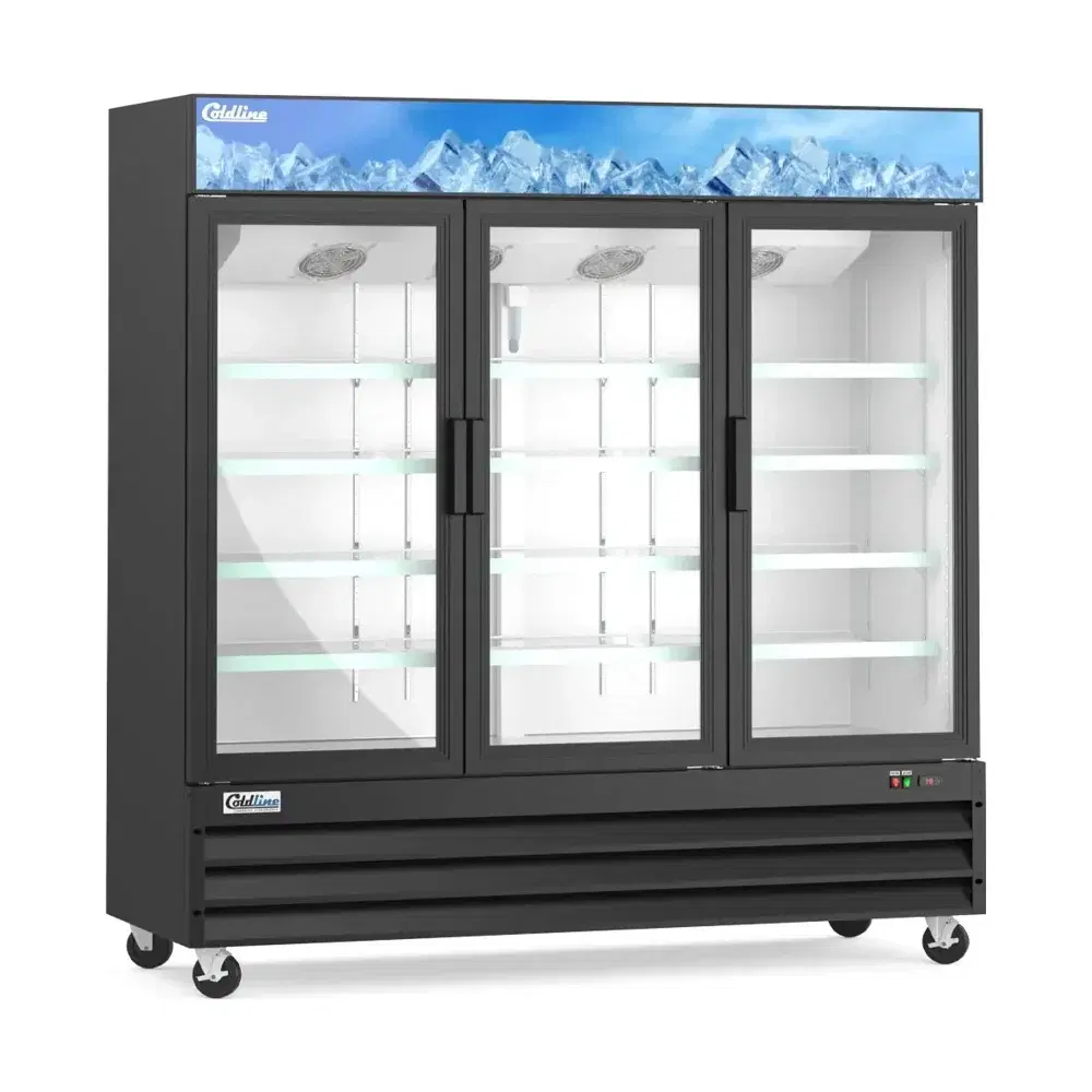Coldline 80" Reach-In Merchandiser Freezer, Black, 3 Glass Swing Doors, 1 Year Warranty