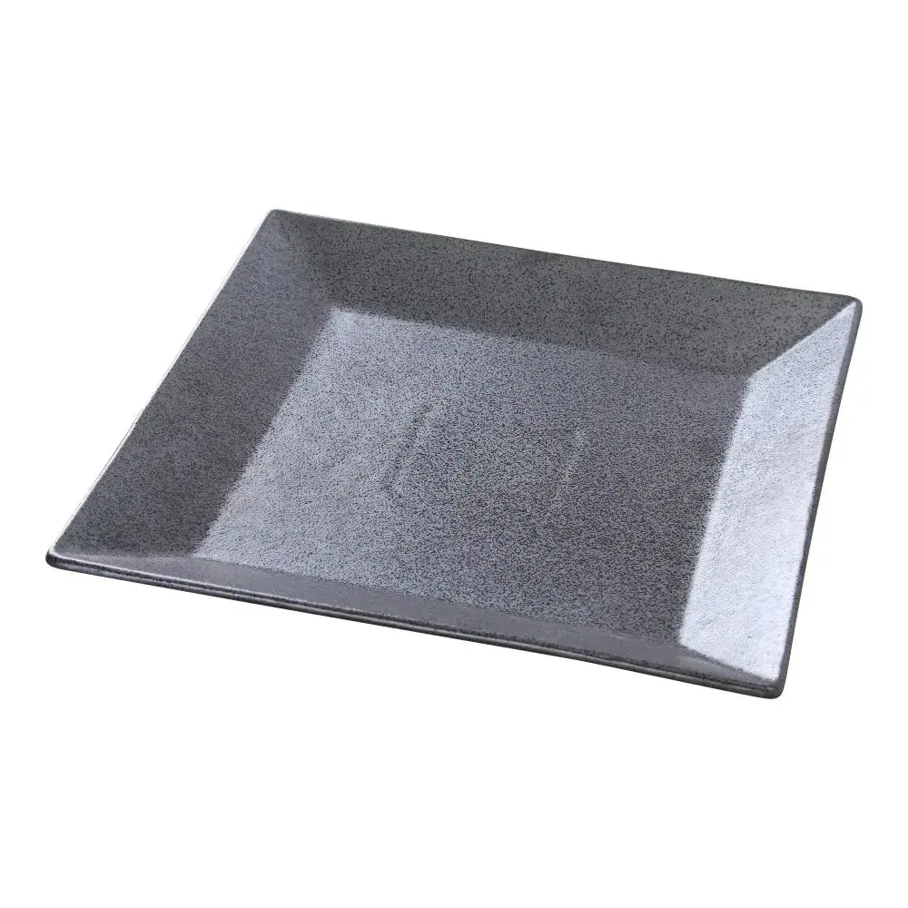 Matte black square plate by Yanco China, bold geometric lines, perfect for upscale appetizers or entrees, chip-resistant for modern plating.
