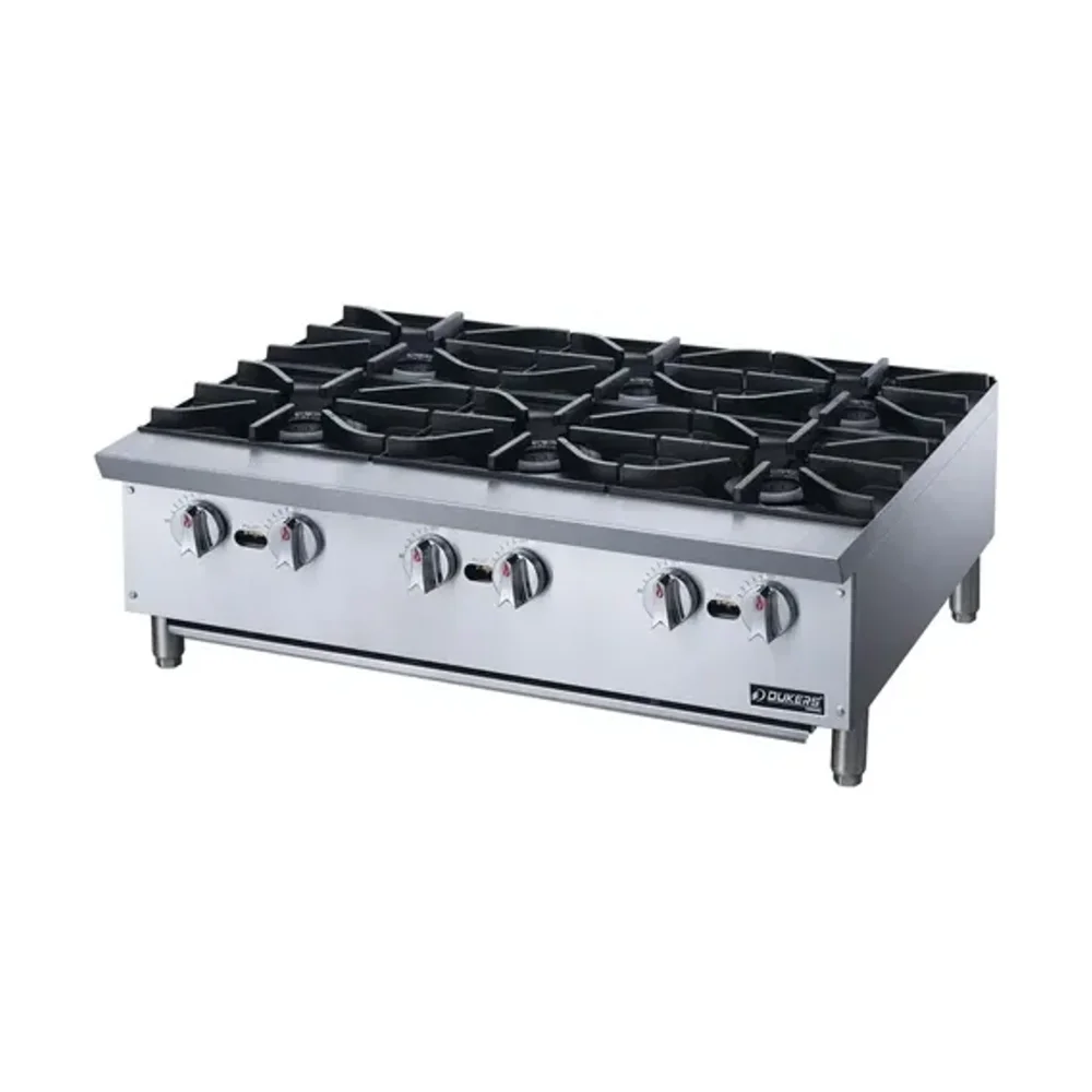 Dukers 36" Countertop Gas Range, 6-Burner Hot Plate, Stainless Steel, NG/LP, 1-Year Warranty