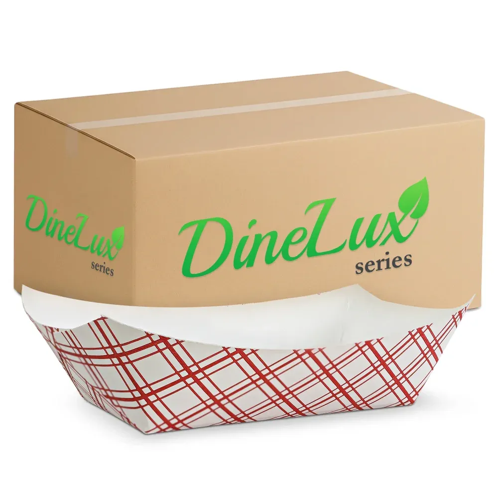 Dinelux Series 3 lb. Red Plaid Paper Food Tray, PFAS Free, 500/Case