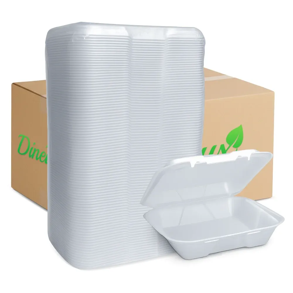 Dinelux Series One-Compartment Foam Take Out Container with Hinged Lid, Square, Large, 9" x 9" x 3", White, 200/Case