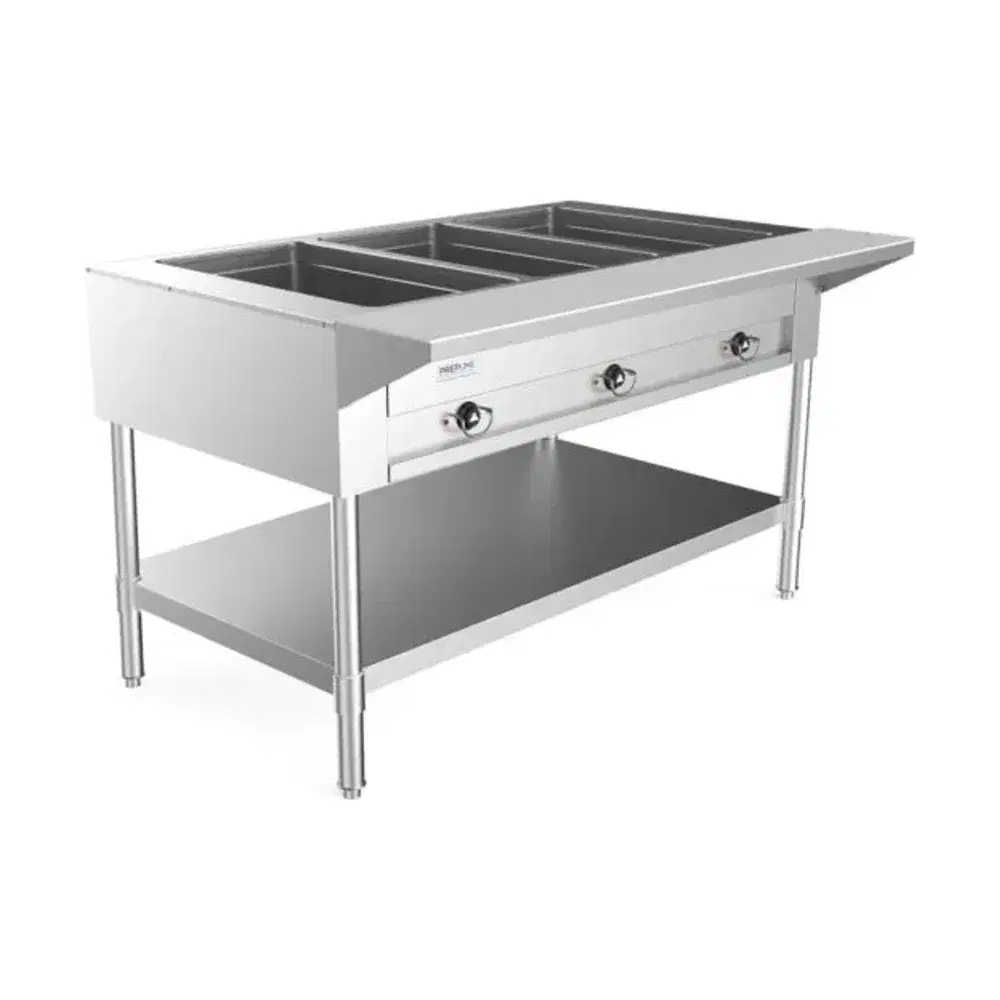 Prepline 48" Electric Hot Food Steam Table, 3 Open Well, Undershelf, 1500W, 120V