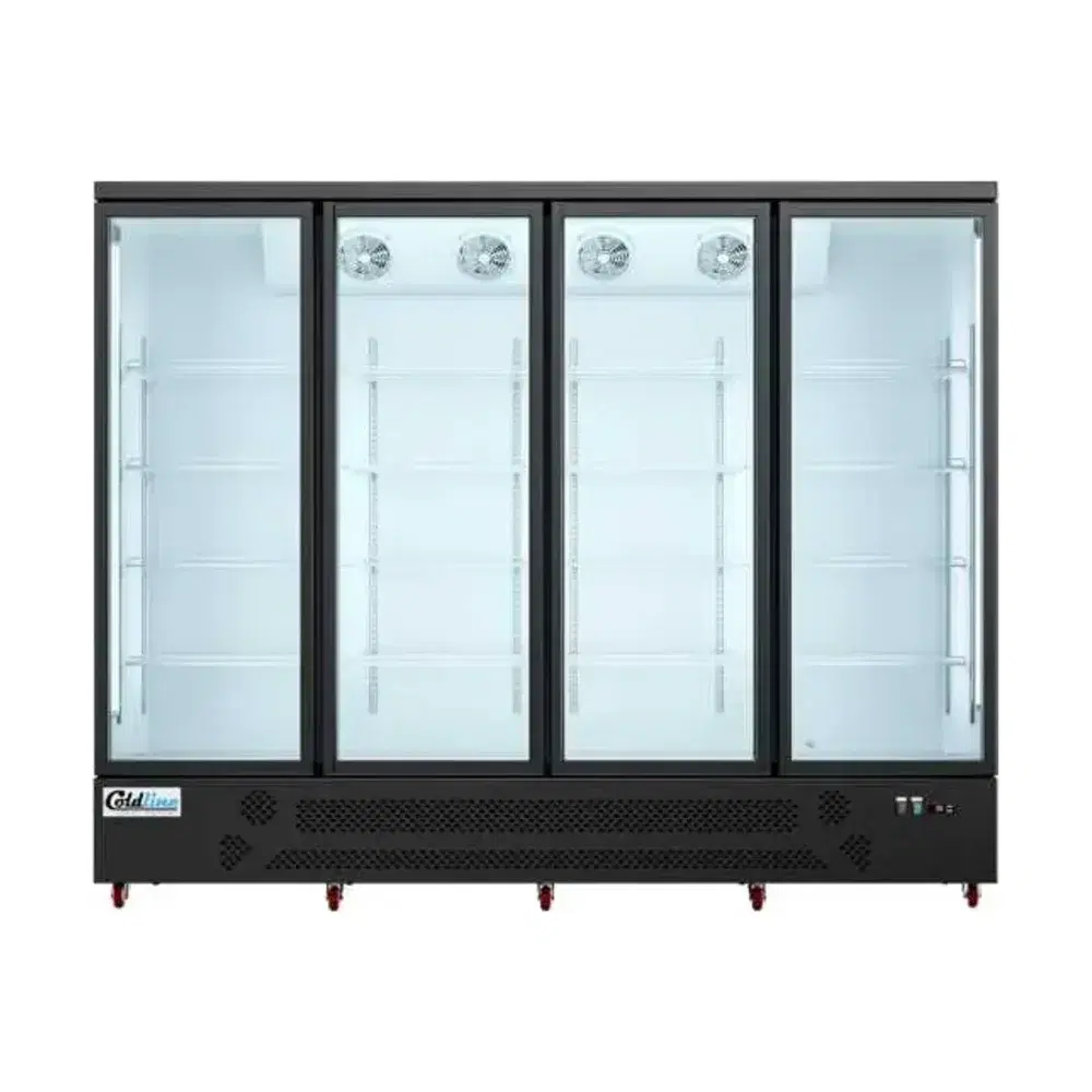 Coldline 98" Reach-In Merchandiser Refrigerator, Black, 4 Glass Swing Doors, 1 Year Warranty