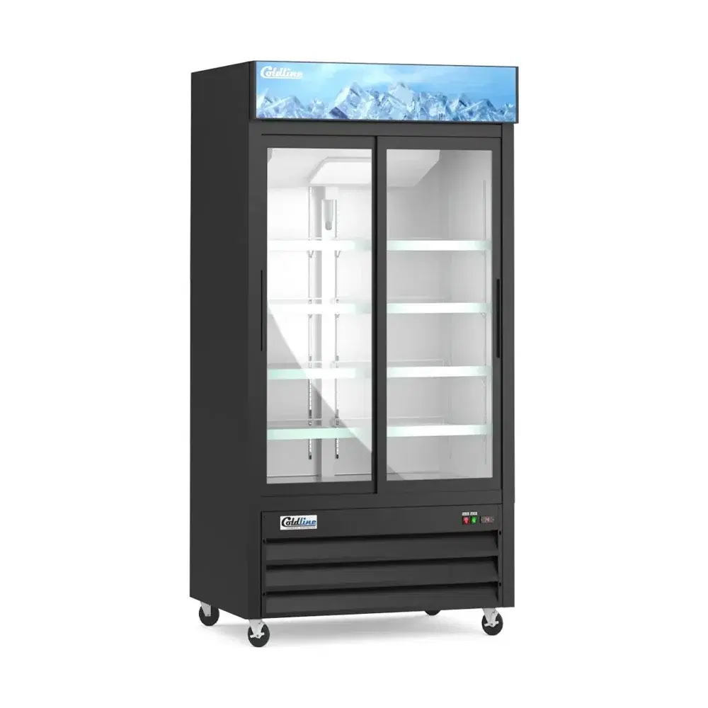 Coldline 40" Reach-In Merchandiser Refrigerator, Black, 2 Glass Sliding Doors, 1 Year Warranty