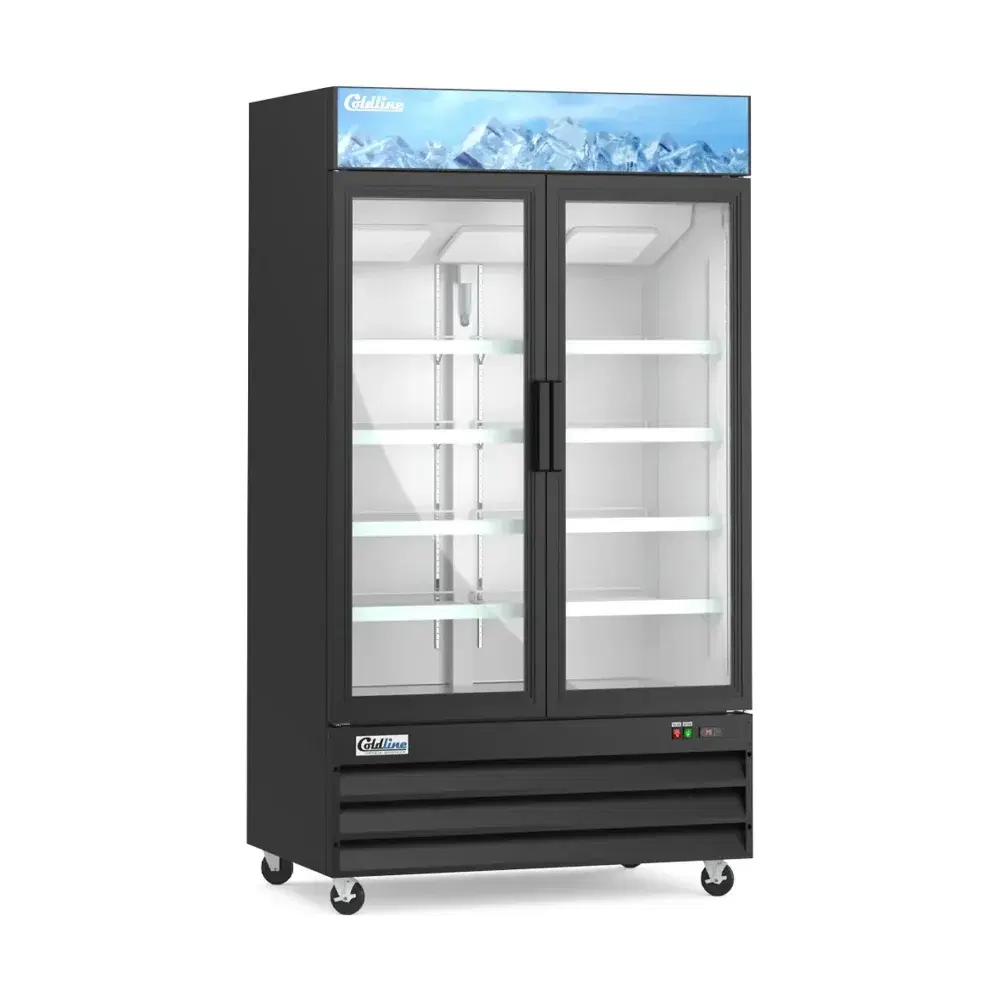 Coldline 48" Reach-In Merchandiser Refrigerator, Black, 2 Glass Swing Doors, 1 Year Warranty