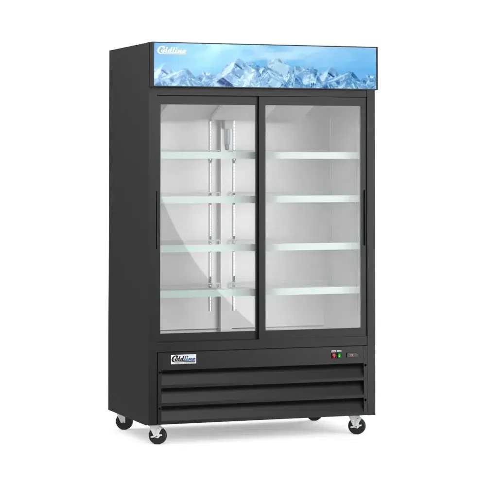 Coldline 53" Reach-In Merchandiser Refrigerator, Black, 2 Glass Sliding Doors, 1 Year Warranty