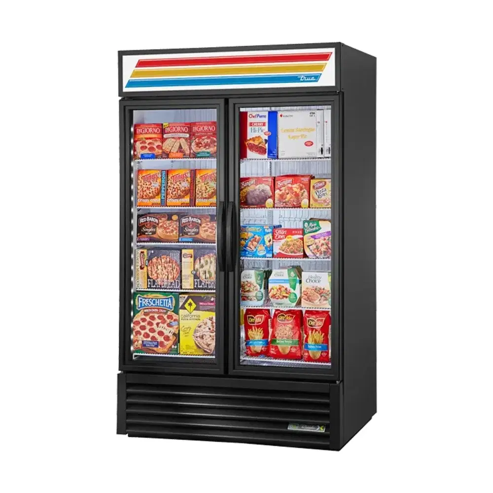 True GDM-43F-FLX-HC~TSL01 47" Glass Door Merchandising Freezer, 2 Swing Door, Black, 115V, 7 Year Warranty