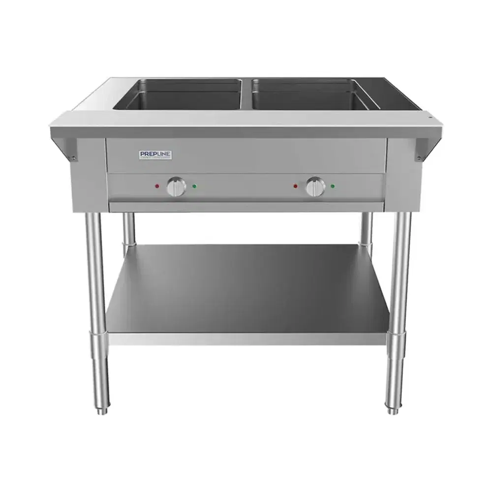Prepline 32" Gas Hot Food Steam Table, 2 Open Well, Undershelf, 7,000 BTU