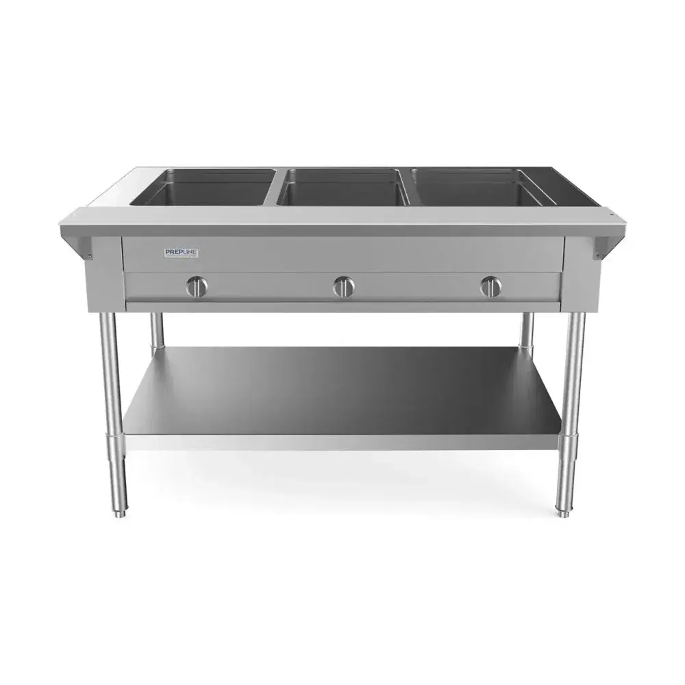 Prepline 48" Gas Hot Food Steam Table, 3 Open Well, Undershelf, 10,500 BTU