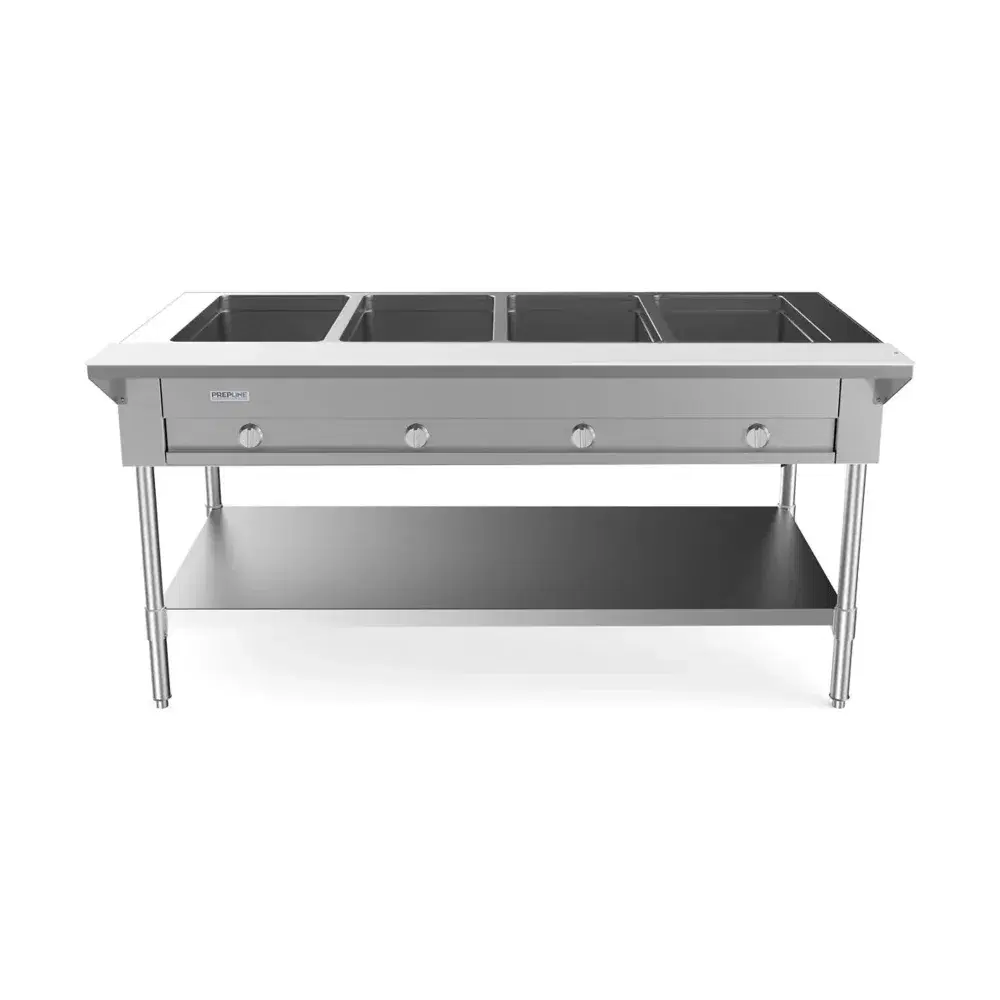 Prepline 60" Gas Hot Food Steam Table, 4 Open Well, Undershelf, 14,000 BTU