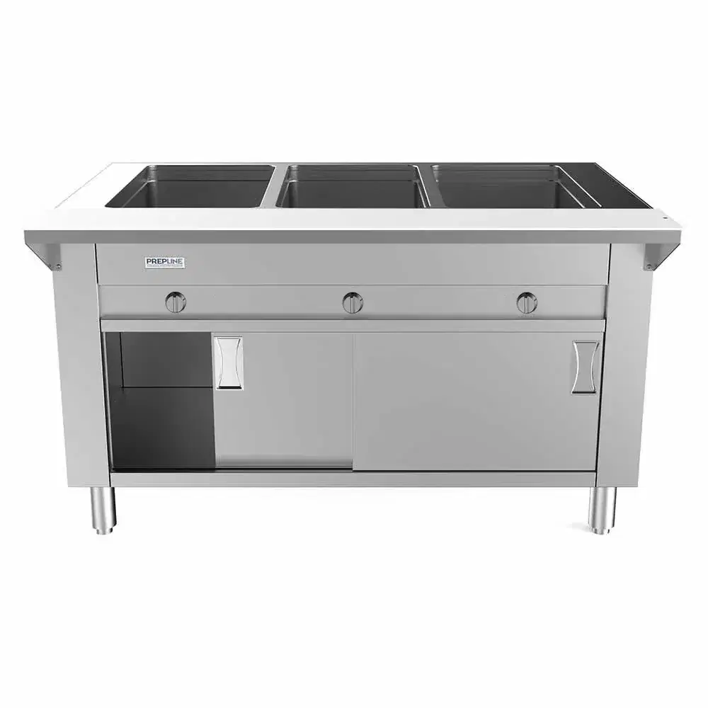 Prepline 48" Gas Hot Food Steam Table, 3 Sealed Well, Enclosed Base, 10,500 BTU