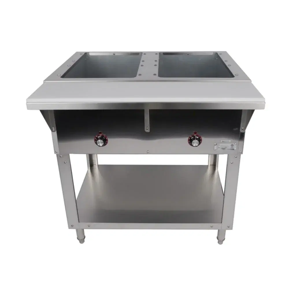 KitchenCore Series 32" 2 Well Steam Tables with Undershelf, Stainless Steel, 1000W, 1 Year Warranty