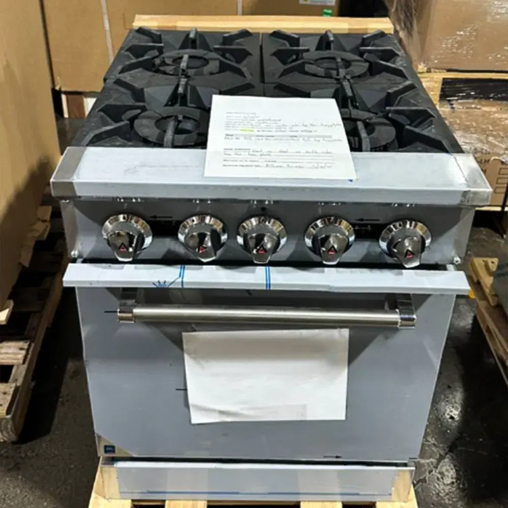 Used 24" Commercial Gas Range, 4 Open Burners and 1 Oven, Natural Gas, 1 Year Warranty