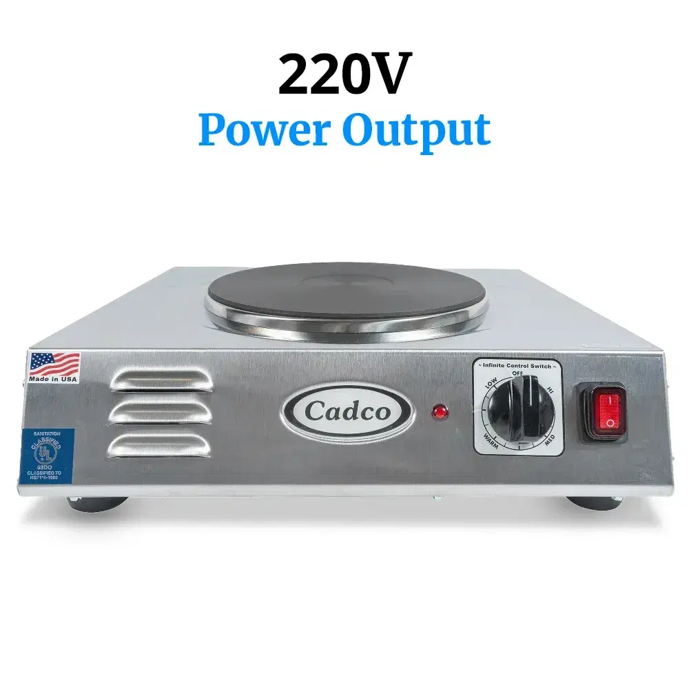 Cadco LKR-220 Single Burner Portable Electric Hot Plate with Cast Iron Element, Stainless Steel - 2,000W, 220V