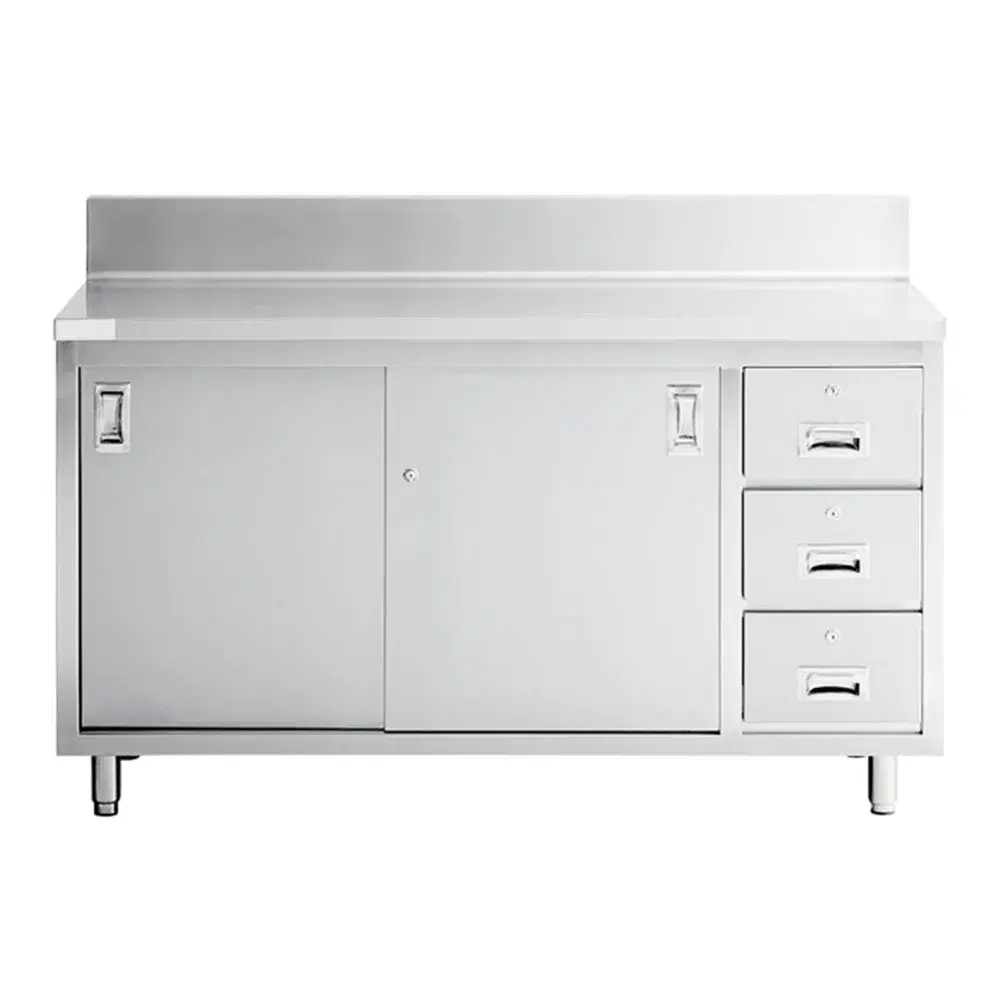 24" x 60" 16 Gauge 304 Stainless Steel Enclosed Base Sliding Door Table with Drawers and 6" Backsplash