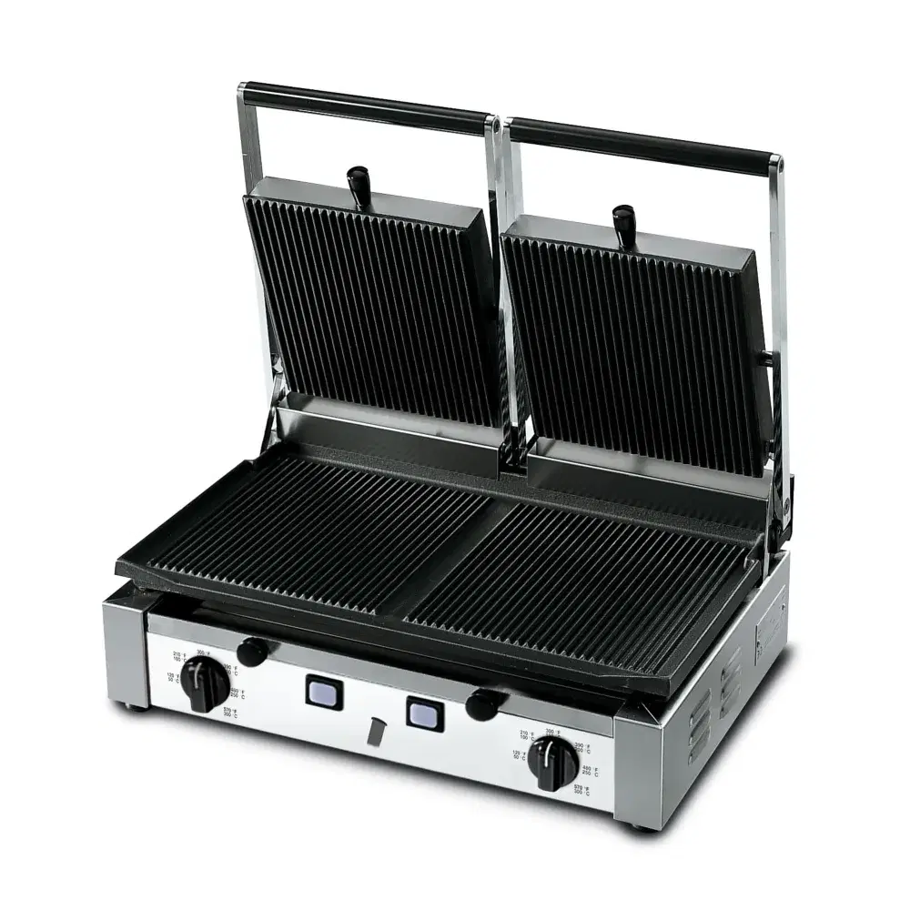 PrepMaster Series Commercial Electric Panini Grill With Ribbed Top and Flat Bottom Plates, 10 x 20" Cooking Surface, 3000W, 208-240V