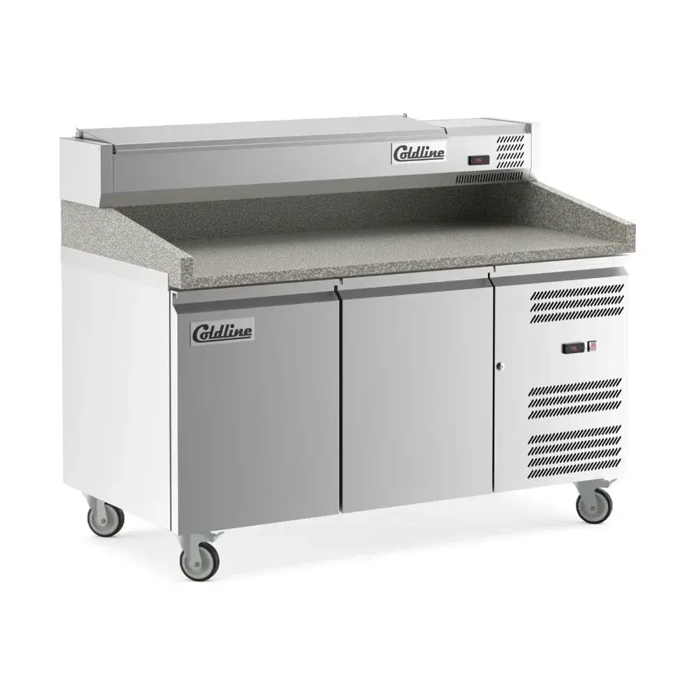 Coldline 60" Pizza Prep Dough Retarder Table with Marble Top & Refrigerated Stainless Steel Topping Rail, 2 Door, 6 Pans