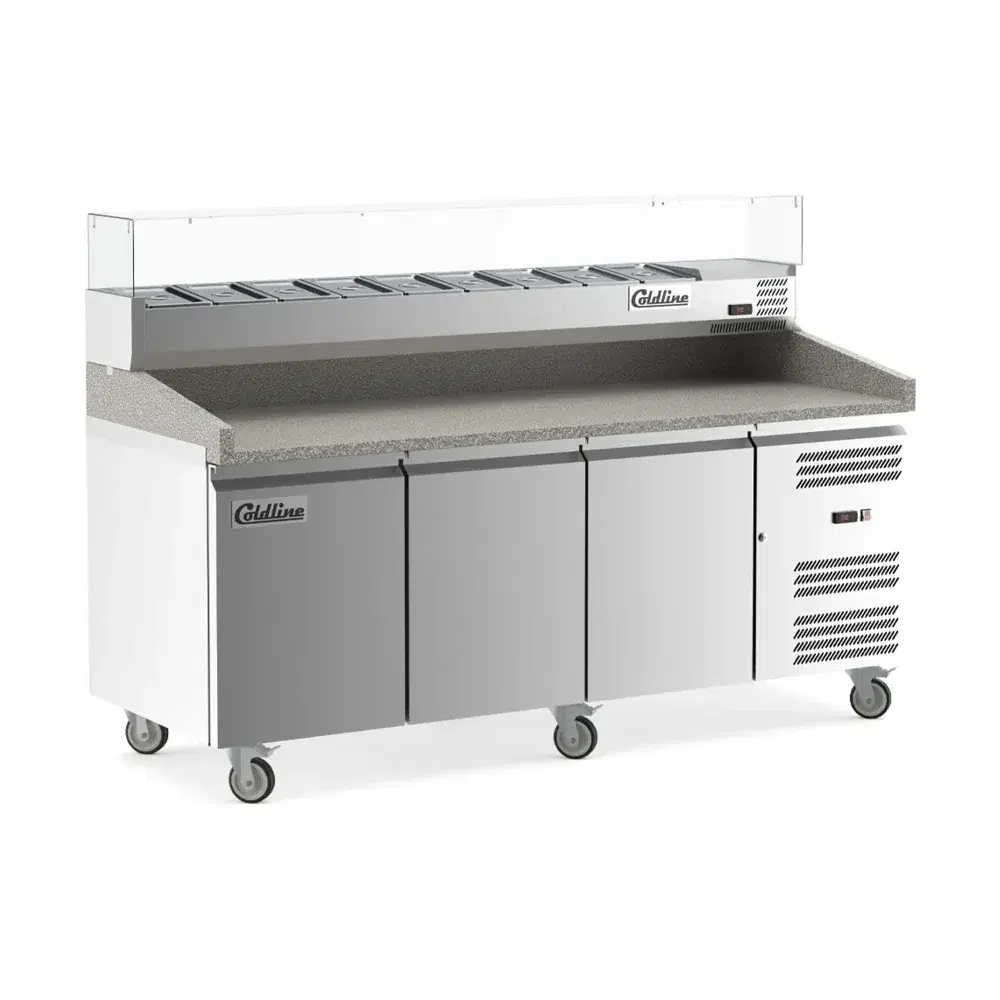 Coldline 80" Pizza Prep Dough Retarder Table with Marble Top & Refrigerated Glass Topping Rail, Stainless Steel, 9 Pans, 3 Door