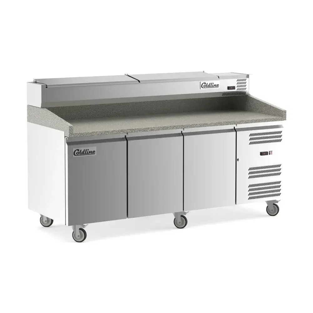 Coldline 80" Pizza Prep Dough Retarder Table with Marble Top & Refrigerated Stainless Steel Topping Rail, 3 Door, 9 Pans