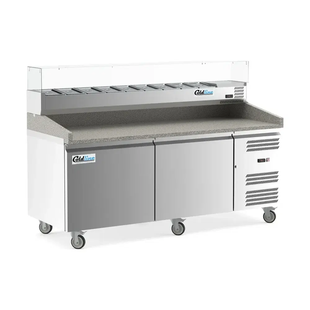 Coldline 80" Pizza Prep Dough Retarder Table with Marble Top & Refrigerated Glass Topping Rail, Stainless Steel, 9 Pans, 2 Door